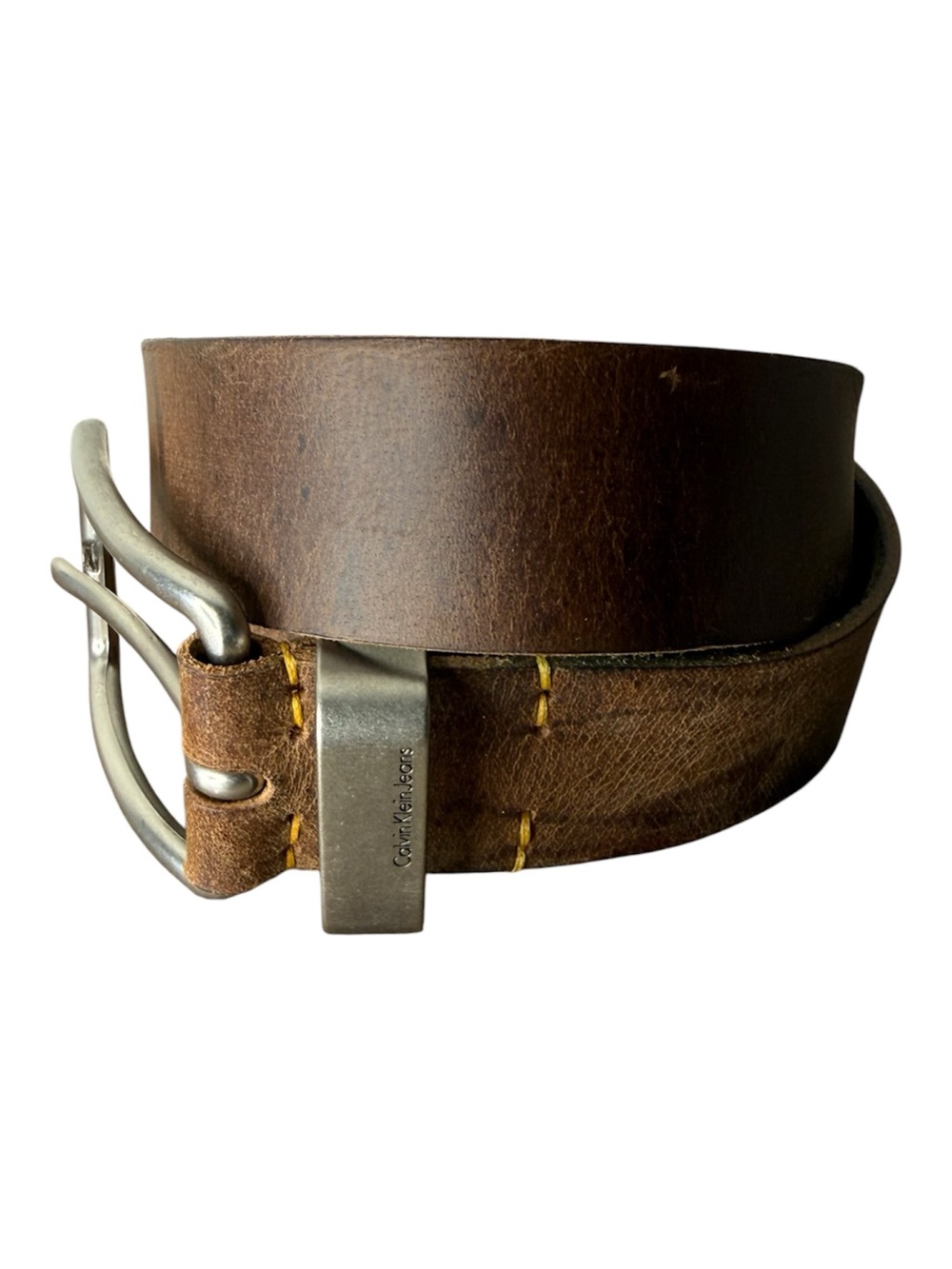 CALVIN KLEIN Men’s Brown Leather Belt Distressed Silver Toned Hardware Size 40